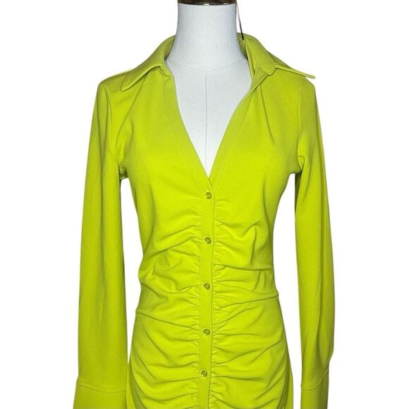 H&M Lime Green Long Sleeve Draped Shirt Dress Size S Button Front Ruched V-neck - Picture 2 of 15